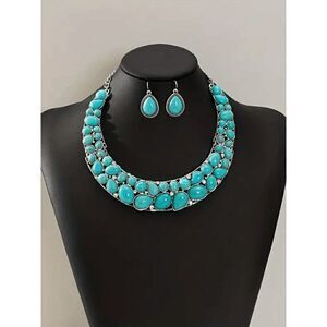 Western Boho Silver Diamond Turquoise Necklace and Earring Set